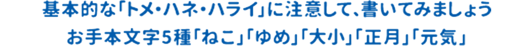 基本的な「トメ・ハネ・ハライ」に注意して、書いてみましょう お手本文字5種「ねこ」「ゆめ」「大小」「正月」「元気」