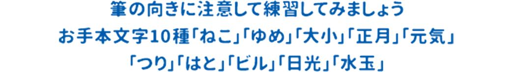 筆の向きに注意して練習してみましょう お手本文字10種「ねこ」「ゆめ」「大小」「正月」「元気」「つり」「はと」「ビル」「日光」「水玉」